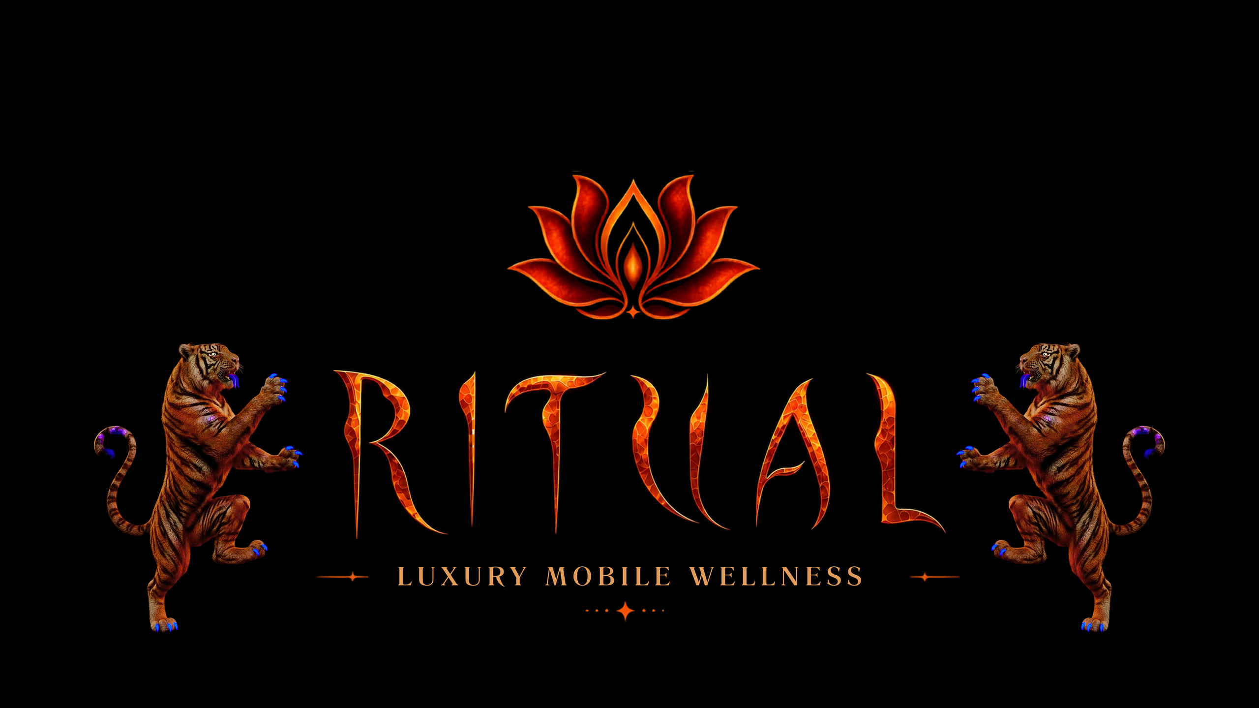 RITUAL Luxury Mobile Wellness, flanked by two heraldic tigers beneath a fiery lotus emblem.
