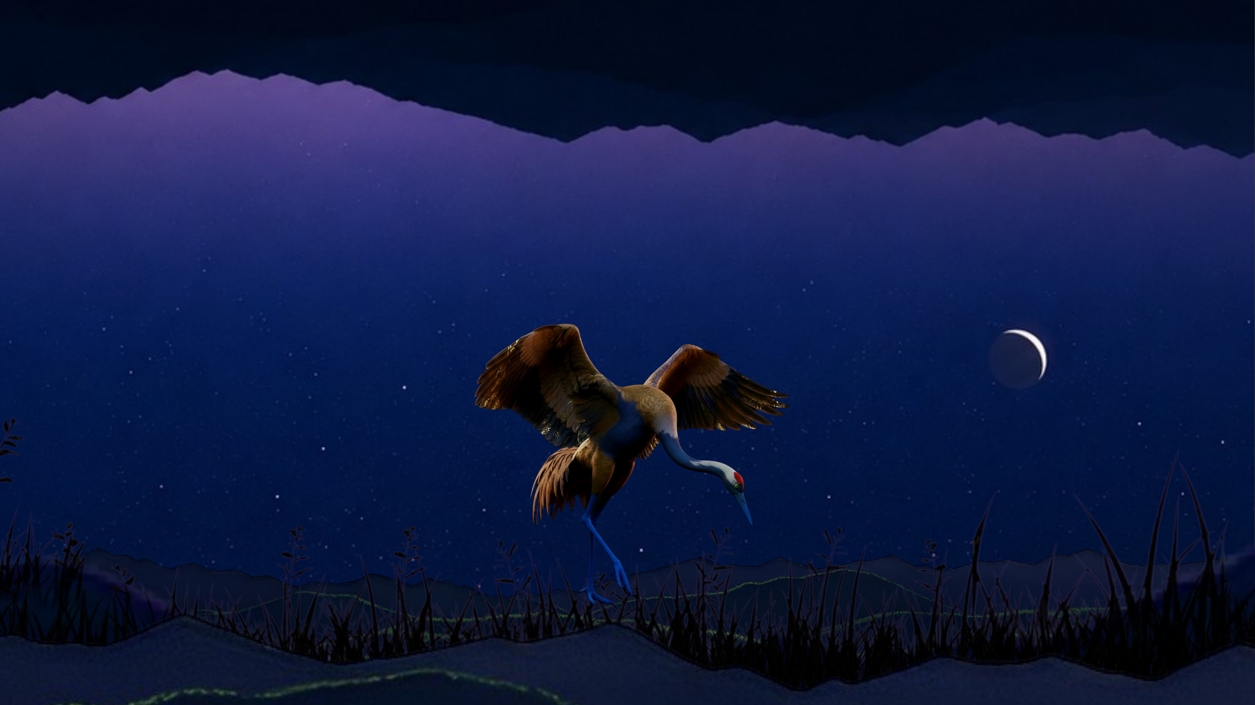 A golden crane descends over an indigo mountain lake beneath a crescent moon.
